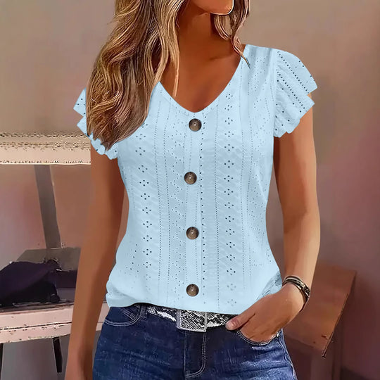 Damen elegante Bluse mit Spitzenmuster und Knopfverzierung EB