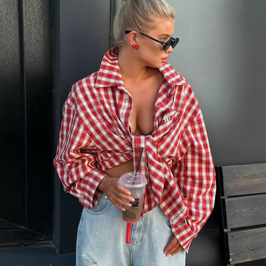 Damen Oversize-Karohemd mit knotenförmigem Detail EB