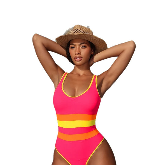 Damen Sportlicher Badeanzug mit trendigen farbigen Streifen EB