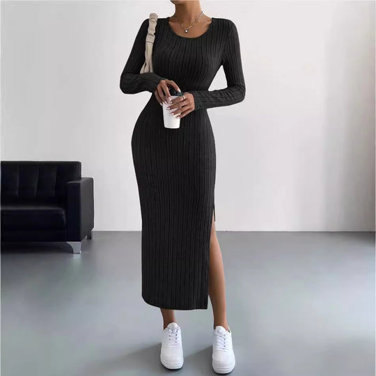 Damen Maxikleid mit seitlichem Schlitz und strukturiertem Rippdesign EB