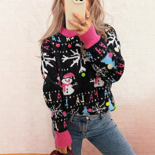Damen festlicher Pullover mit farbenfrohen Weihnachtsmotiven und verspielten Details EB