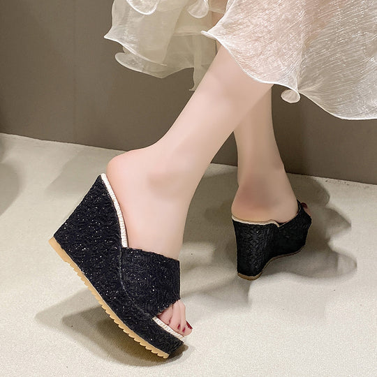 Damen Wedge-Pantoletten mit elegantem Glitzermuster und rutschfester Sohle EB