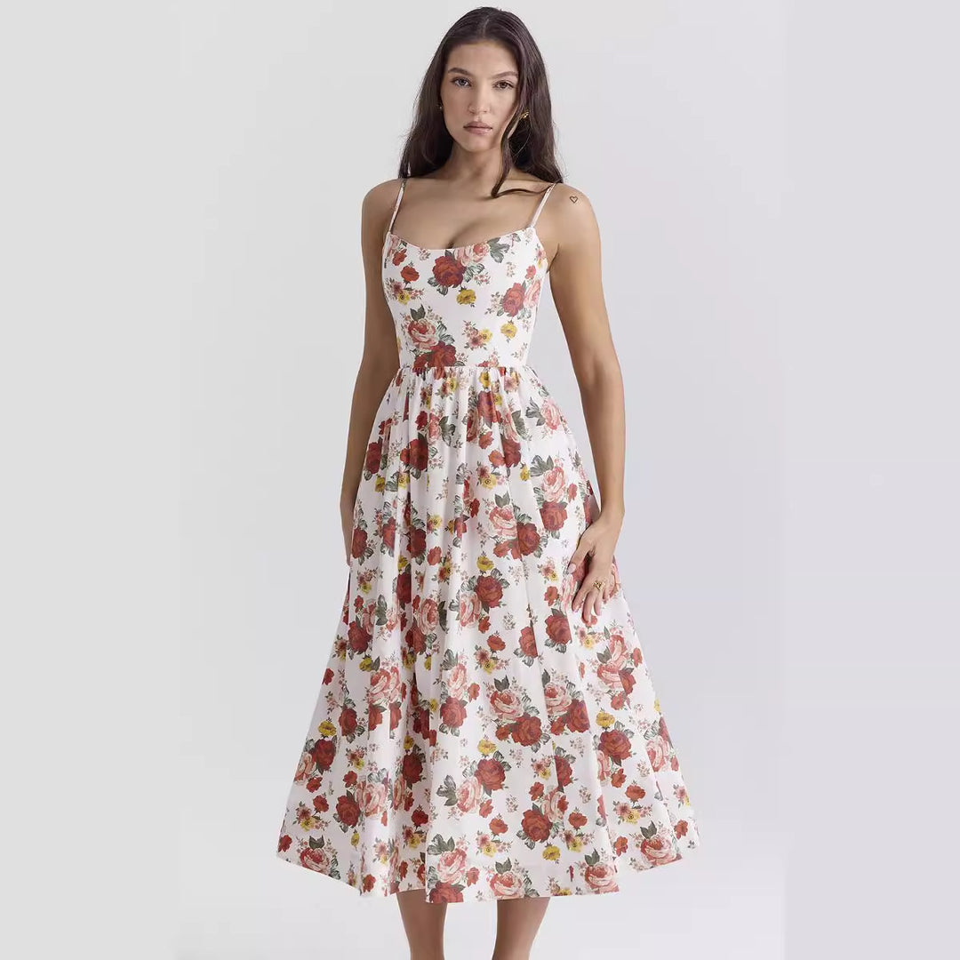 Damen Midi-Kleid mit elegantem Blumenmuster und zartem Taillenzug EB