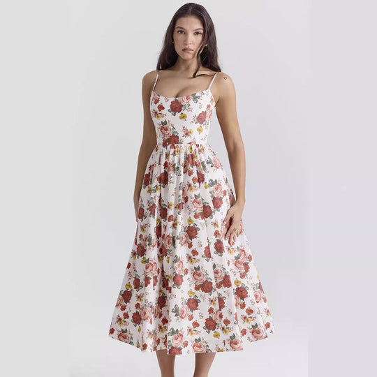 Damen Midi-Kleid mit elegantem Blumenmuster und zartem Taillenzug EB