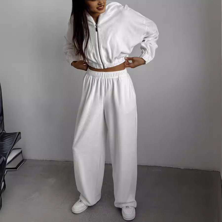 Damen Velours-Lounge-Set mit kurzem Reißverschluss-Hoodie, elastischer High-Waist-Jogginghose und Bustier EB