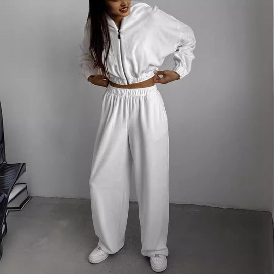 Damen Velours-Lounge-Set mit kurzem Reißverschluss-Hoodie, elastischer High-Waist-Jogginghose und Bustier EB
