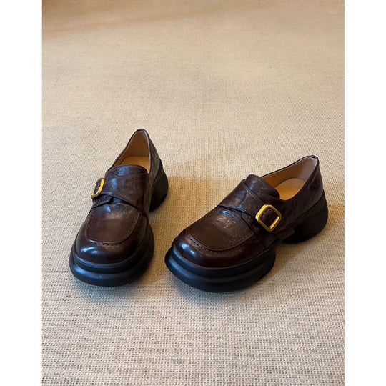 Damen elegante Loafers mit klobigem Absatz und dekorativem Schnallenakzent EB