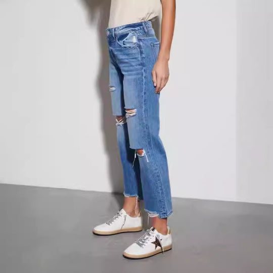 Damen Trendige Fransenjeans mit Destroyed-Details EB
