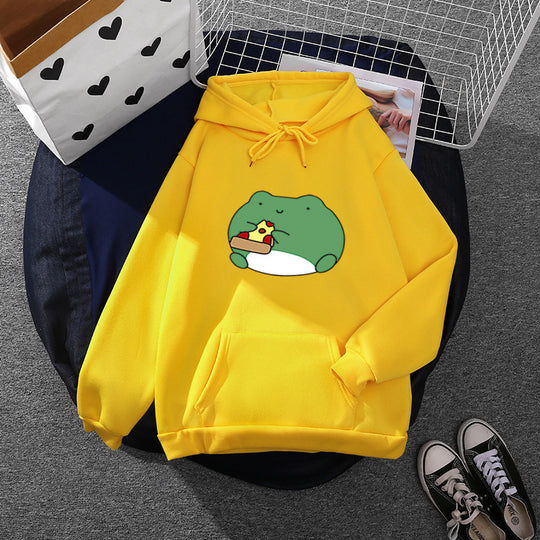 Damen nan gemütlicher Kapuzenpullover mit kawaii Frosch‑Pizza‑Motiv und oversized Relax‑Fit EB