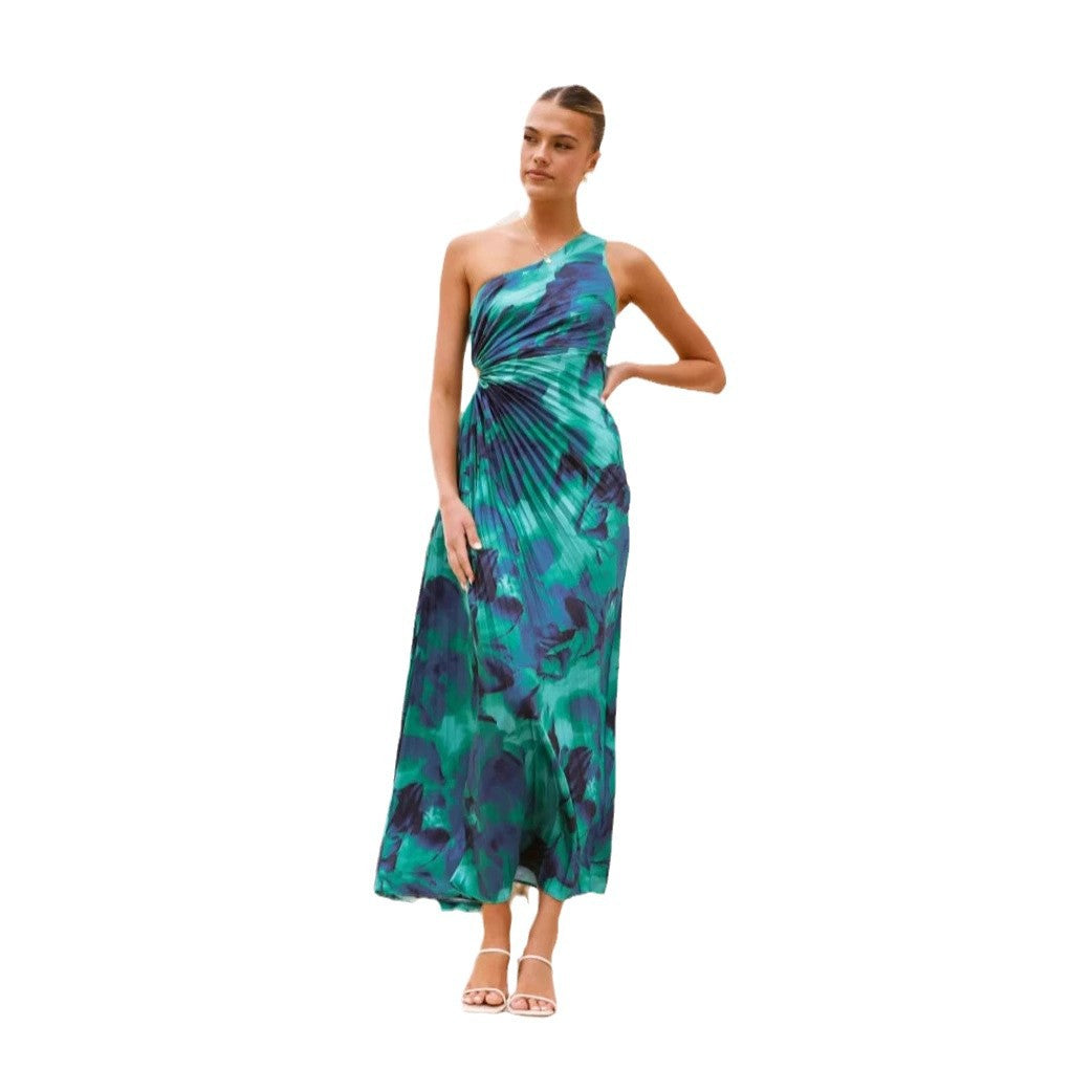 Damen Maxikleid mit asymmetrischem Schnitt und fließendem Faltenrock EB