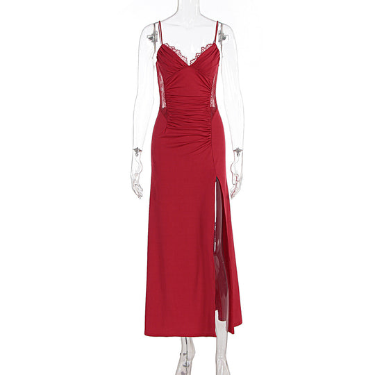 Damen Maxikleid mit raffiniertem Schlitz und verführerischen Spitzenakzenten EB
