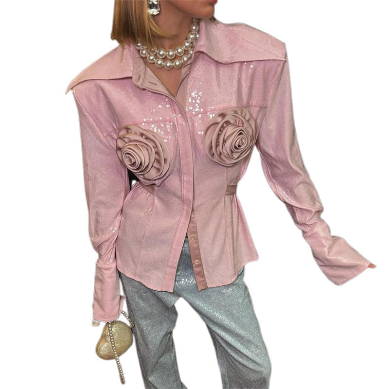 Damen Glamouröse Bluse mit 3D-Rosenapplikationen und Glitzer EB