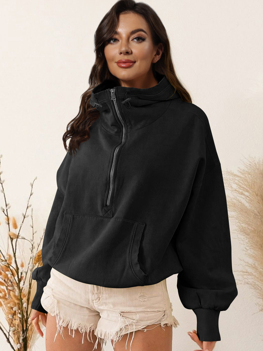 Damen sportlicher Kapuzenpullover mit halbem Reißverschluss und funktionalen Taschen EB