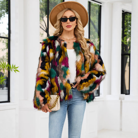 Damen Modische Kunstpelzjacke mit auffälligem Muster EB