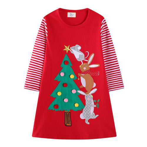 Mädchen Baumwollkleid mit festlichem Tier- und Weihnachtsbaum-Design EB