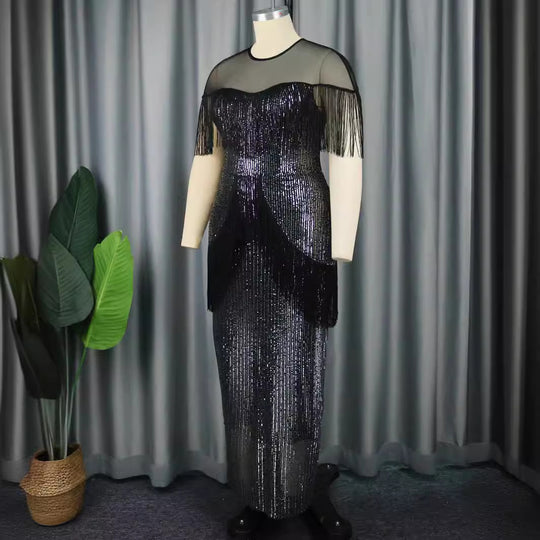 Damen Glamouröses Abendkleid mit Fransen und schimmerndem Obermaterial EB