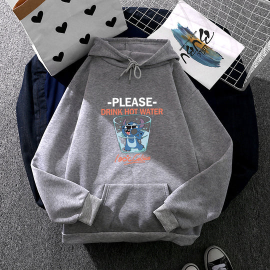 Damen nan Kapuzenpullover mit großflächigem Cartoon-Glas-Print, weichem Fleece-Innenfutter und Kängurutasche EB