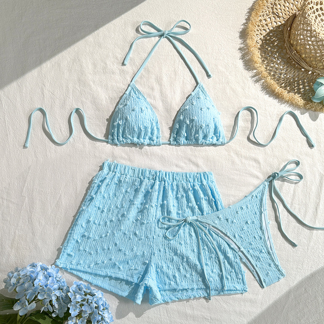 Damen Triangel-Bikini-Set mit eleganten Rüschendetails und passenden Shorts EB