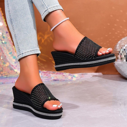 Damen Bequeme Wedge-Pantoletten mit funkelnden Strass-Applikationen EB