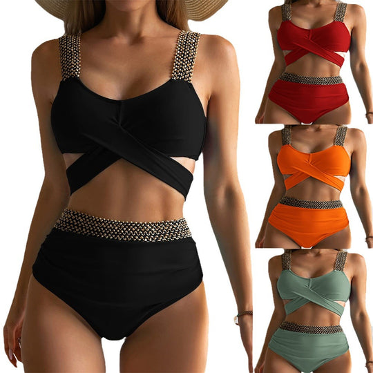 Damen Hochtailliertes Bikini-Set mit stilvollem Wickel-Oberteil EB
