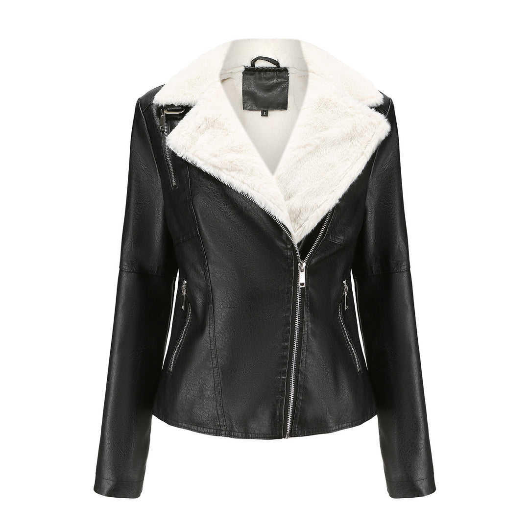 Damen nan taillierte Kunstleder-Bikerjacke mit abnehmbarem Kunstfellkragen und schrägem Reißverschluss EB