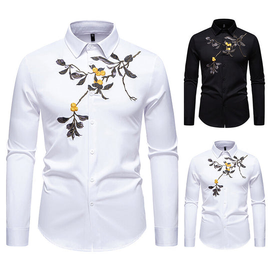 Herren elegantes Langarmhemd mit floraler Stickerei EB