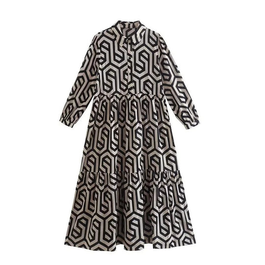 Damen Langarm Maxikleid mit geometrischem Design und Rüschendetails Heidi-Mode
