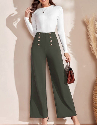 Damen nan hohe Taillenhose mit weitem Bein, maritim inspirierten Zierknöpfen EB