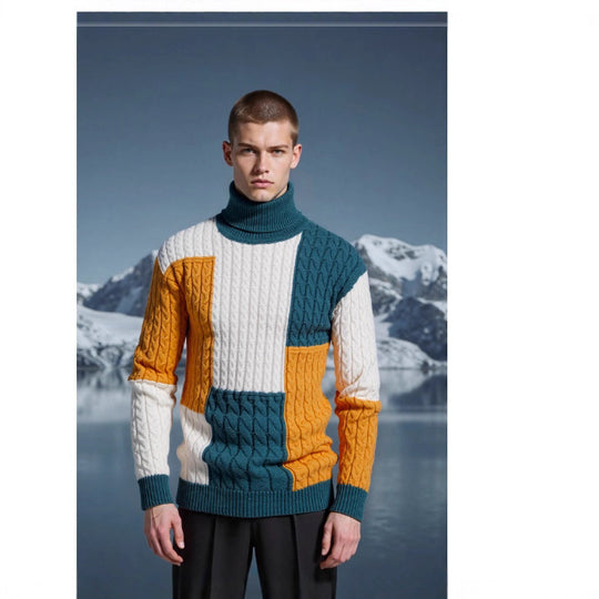 Herren modischer Strickpullover mit strukturiertem Zopfmuster und Stehkragen EB