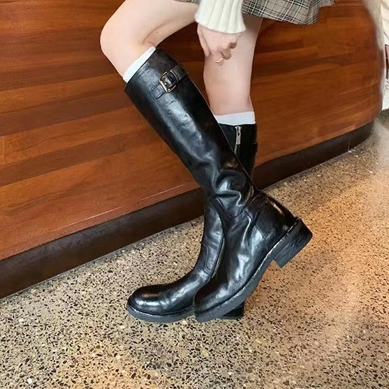 Damen Überknie-Stiefel aus hochwertigem Leder mit robustem Reißverschluss und modischen Schnallen EB