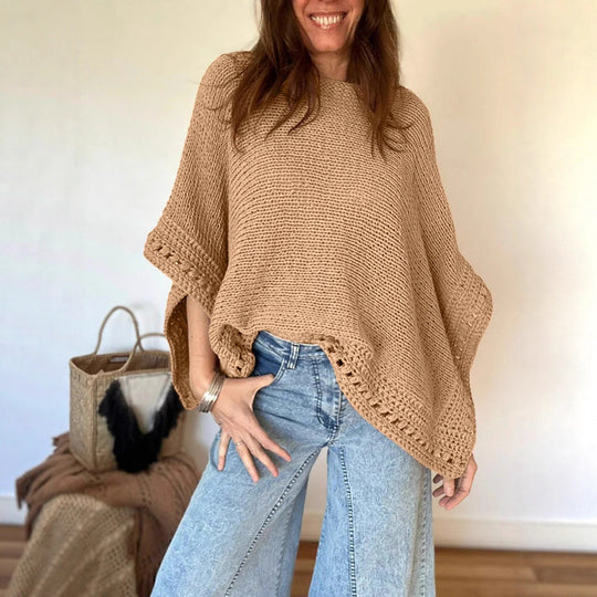 Damen Leichtes Oversize Strickponcho mit Häkelkante EB