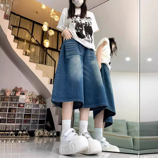 Damen Weite Denim-Culotte mit hohem Bund und elastischem Taillenbund EB