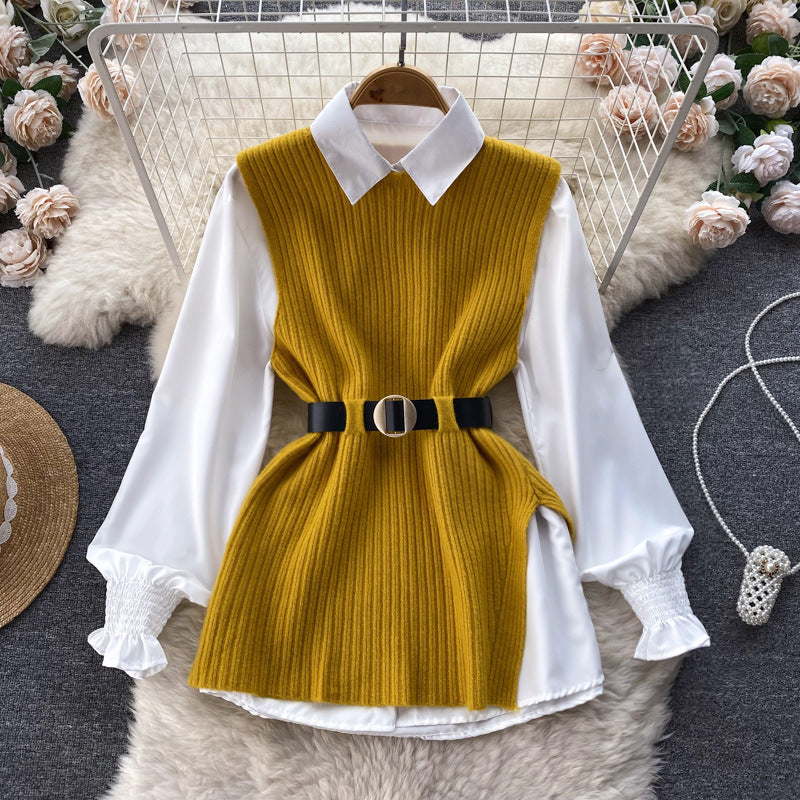 Damen Lagenlook-Bluse mit Rippstrick-Überwurf und Taillengürtel EB