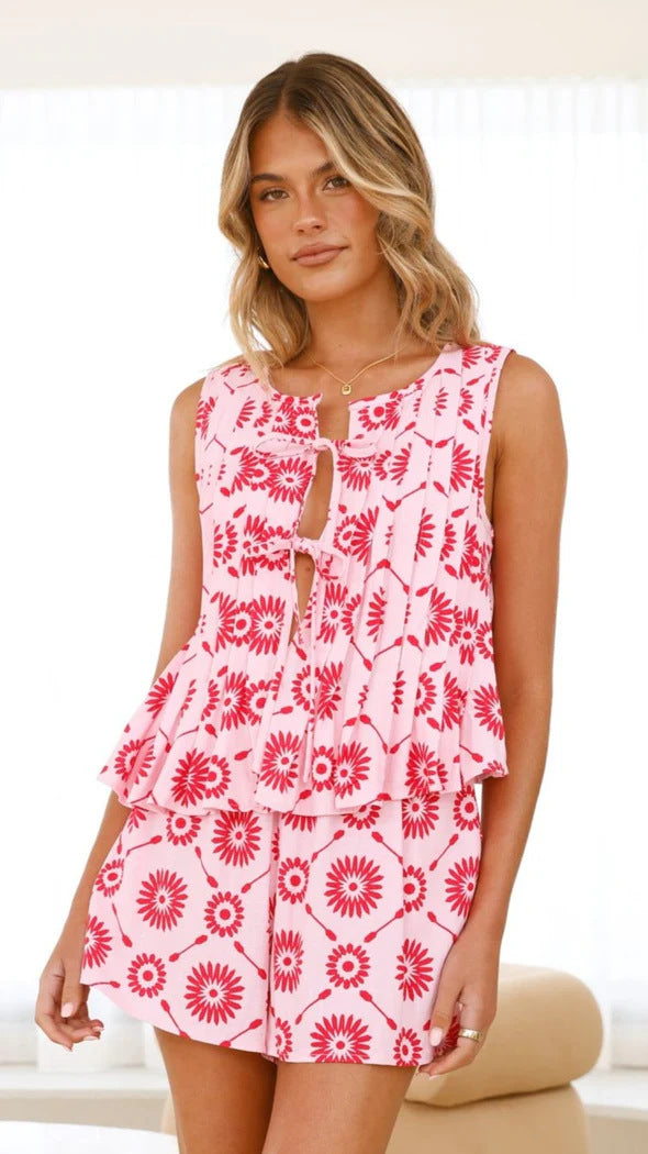 Damen Sommer Shorts Set mit verspieltem Flügel-Design und buntem Druck EB