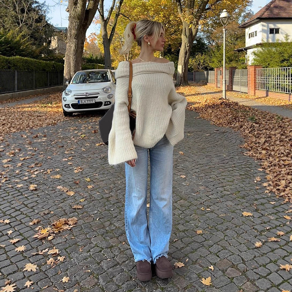 Damen Oversized Strickpullover mit weitem Schnitt und tiefem V-Ausschnitt EB