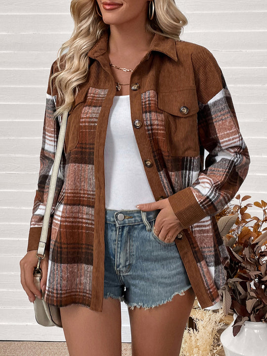 Damen Karierte Hemdjacke mit Cordbesatz und Oversize-Schnitt EB