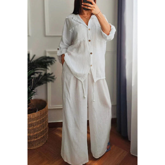 Damen Leinen-Set mit weiten Hosen undlässiger Bluse EB