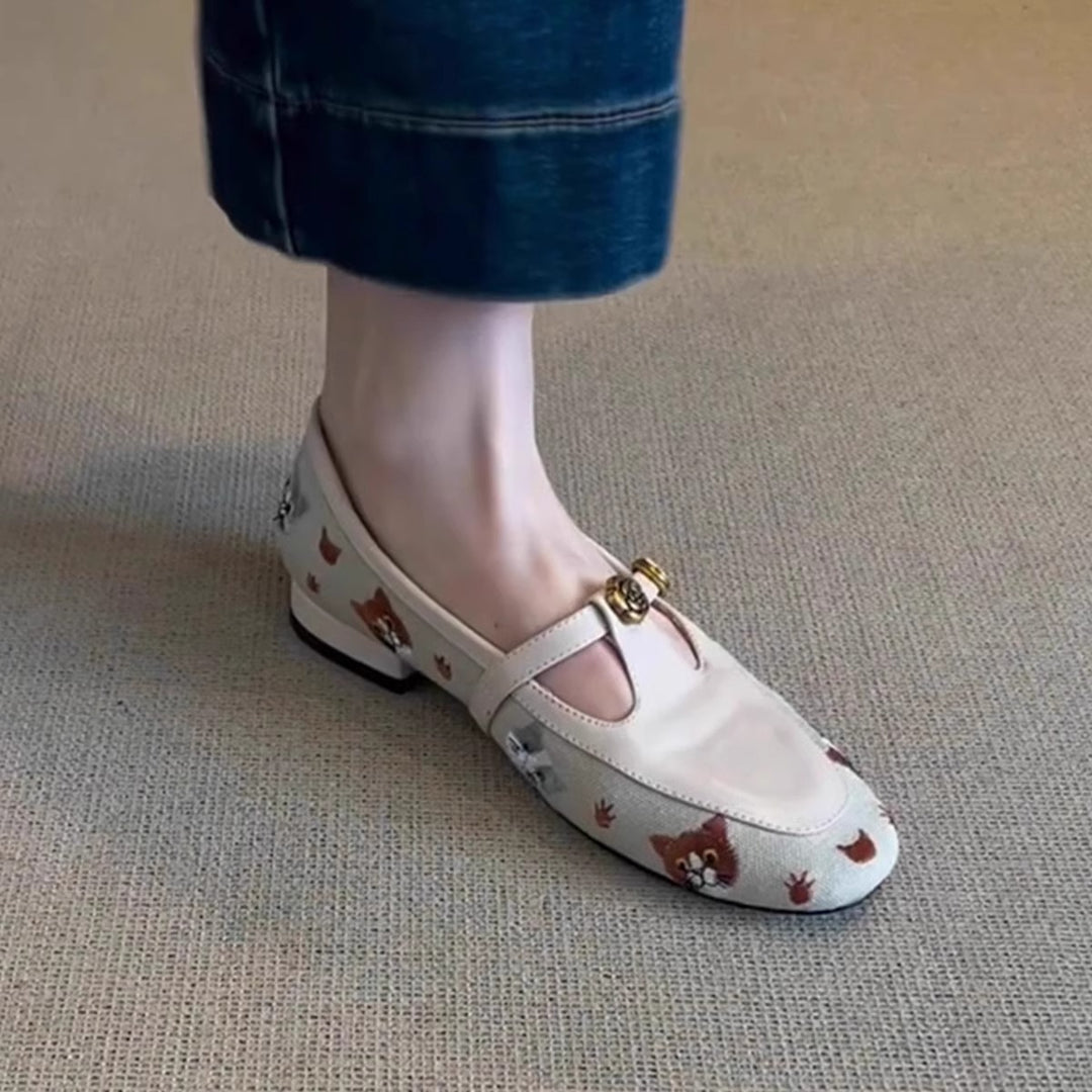 Damen Ballerina-Schuhe mit floralem Muster und dekorativem Riemchen EB