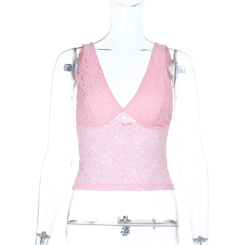 Damen Spitzen-Crop-Top mit tiefem V-Ausschnitt und Rüschendesign EB