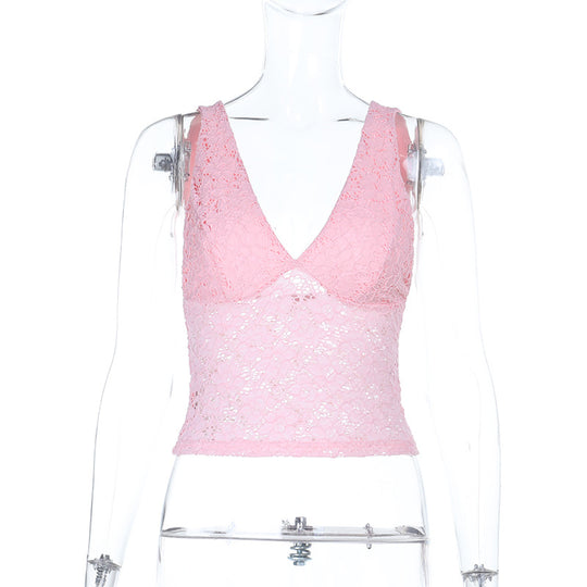 Damen Spitzen-Crop-Top mit tiefem V-Ausschnitt und Rüschendesign EB