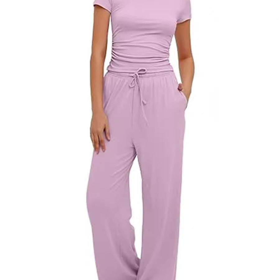 Damen lässiger Zweiteiler mit cropped Oberteil und weitem Beinkleid EB