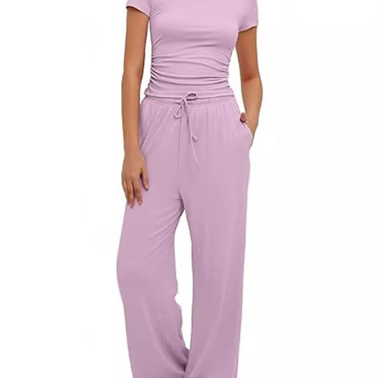 Damen lässiger Zweiteiler mit cropped Oberteil und weitem Beinkleid EB