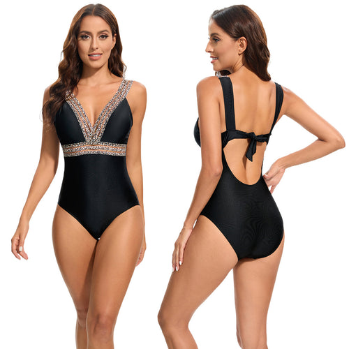 Damen Eleganter Einteiler Badeanzug mit tiefem V-Ausschnitt und funkelnden Akzenten EB