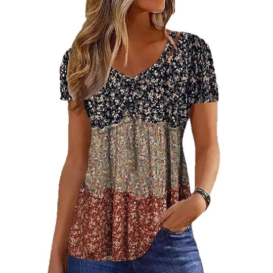 Damen Blusenshirt mit floralem Patchwork und V-Ausschnitt Heidi-Mode