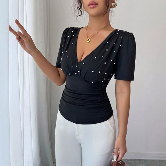Damen elegante Bluse mit Perlen-Detail EB