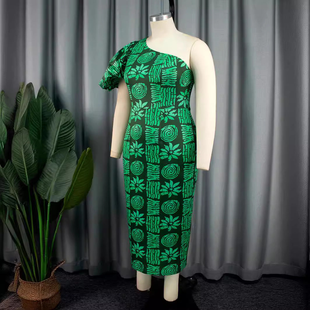 Damen körpernahe Midi-Kleid mit asymmetrischem Schnitt und voluminösen Puffärmeln EB