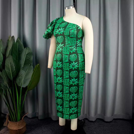 Damen asymmetrisches Maxi-Kleid mit einzigartigem Muster und voluminösem Puffärmel EB