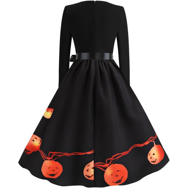 Damen Schwingendes Kleid mit Halloween-Kürbismotiv, Langarm und Taillenschleife EB