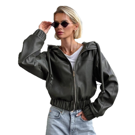 Damen cropped Kunstlederjacke mit kontrastierenden Details und elastischem Bund EB