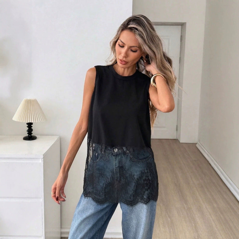 Damen luftiges Oberteil mit elegantem Spitzenvolant EB